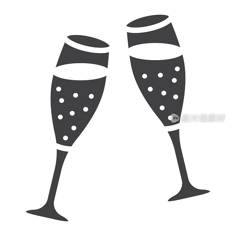 两杯香槟象形图标，情人节和浪漫，庆祝符号矢量图形，一个坚实的图案在白色的背景，eps 10。